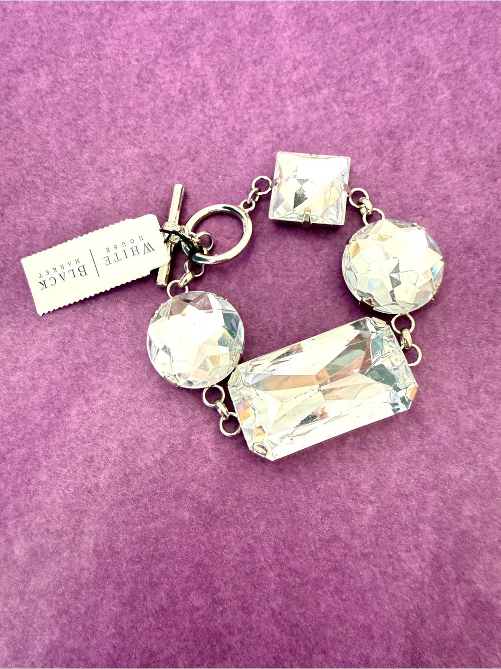 WHBM Oversized Clear Crystal Silver Toggle Statement Bracelet NWT